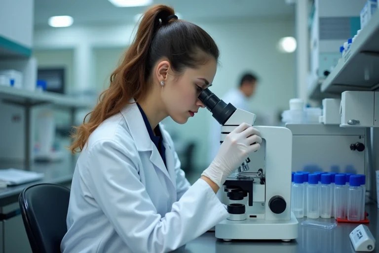 Hématologue examinant un frottis sanguin au microscope dans un laboratoire médical moderne pour diagnostiquer une granulocytose