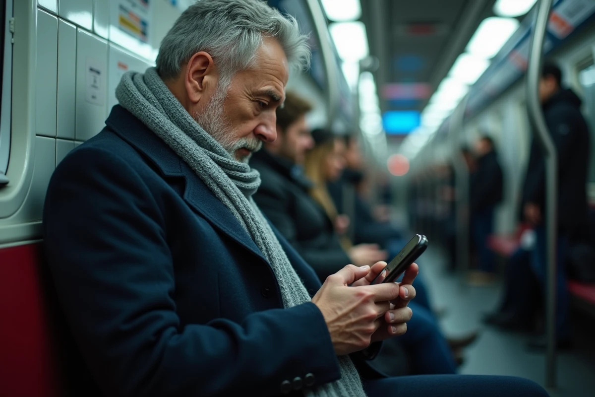 Homme lisant les dernières actualités sur son smartphone dans le métro lors de son trajet quotidien