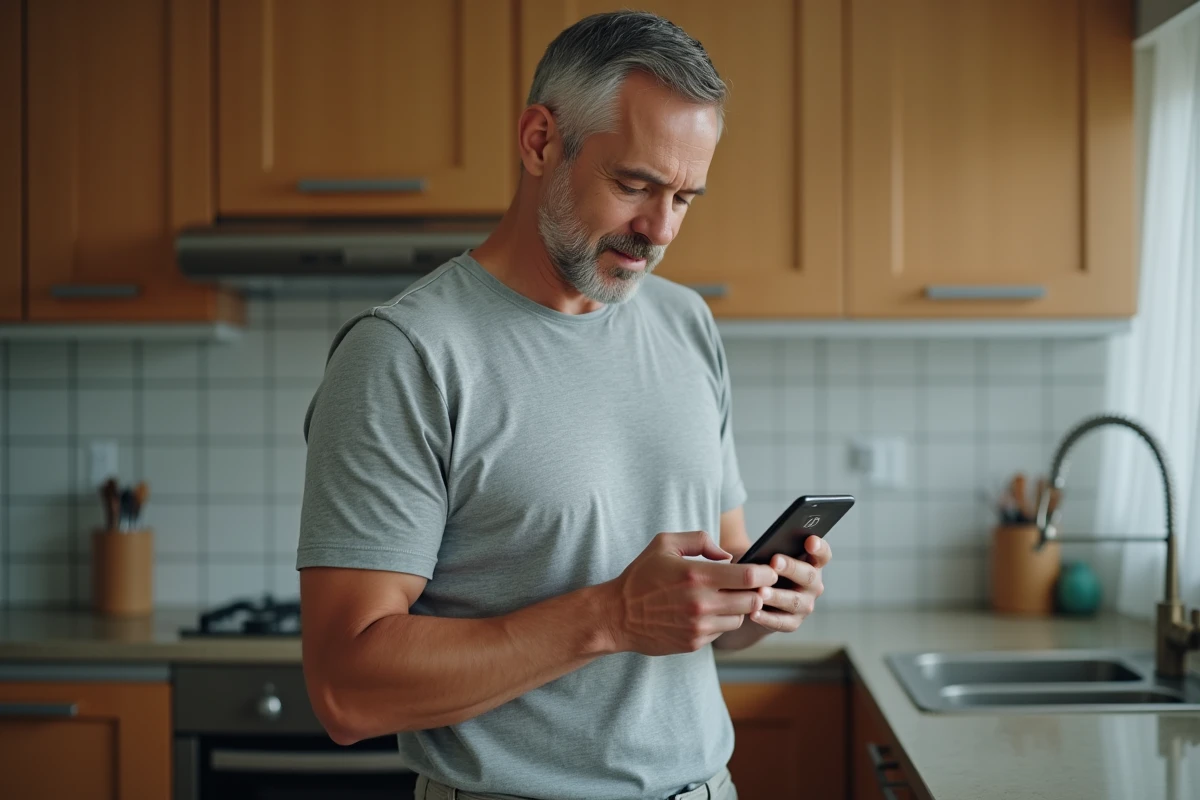 Homme utilisant un annuaire inversé gratuit sur téléphone portable dans une cuisine