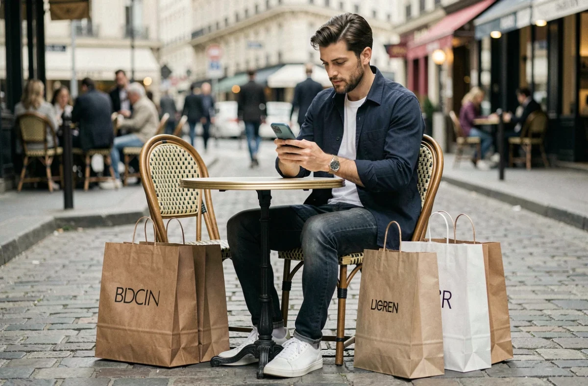 Homme consultant une application de mode sur smartphone en terrasse avec des sacs de shopping tendance posés à côté de lui