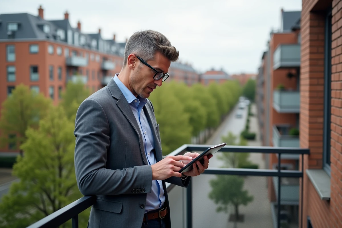 Homme regardant des annonces immobilières sur un balcon urbain