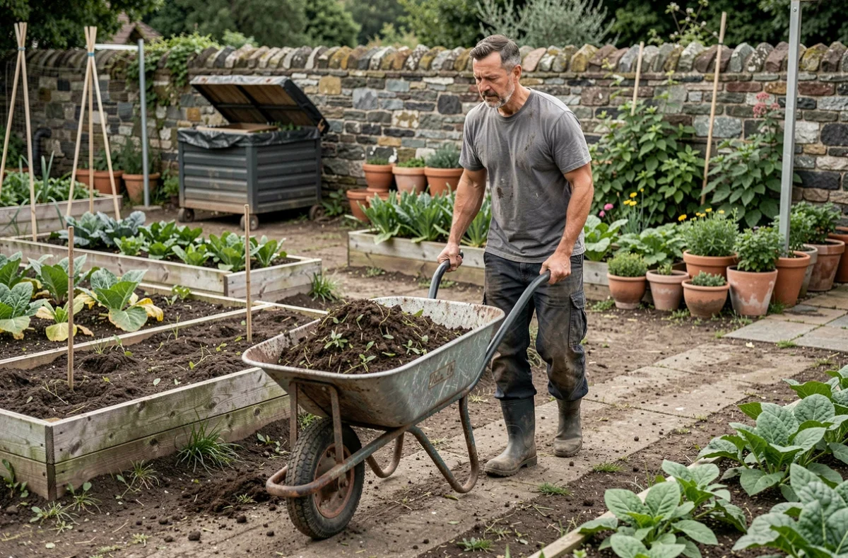 Homme poussant une brouette en métal remplie de compost dans un potager bien entretenu avec des rangées de légumes
