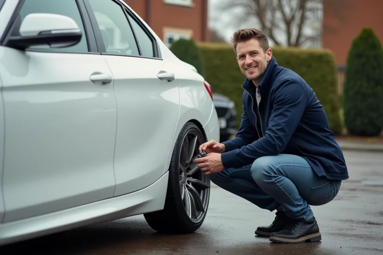 Homme en train de fixer une roue sur une voiture moderne