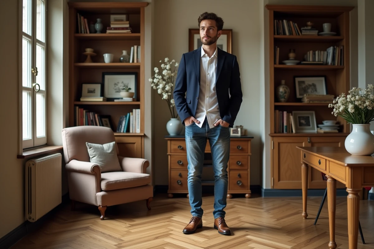 Homme français arrangeant des fleurs dans un appartement cosy