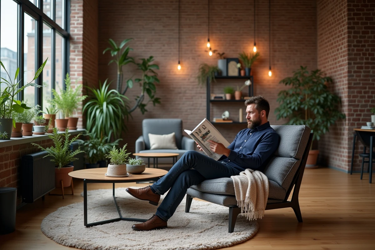 Homme lisant un magazine dans un salon loft chaleureux