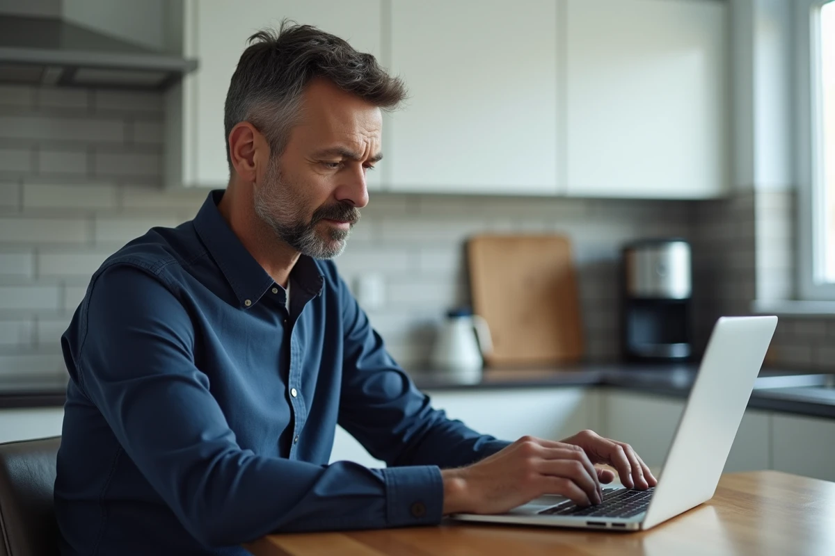 Homme consultant une page de paiement Amazon sur ordinateur portable dans une cuisine moderne
