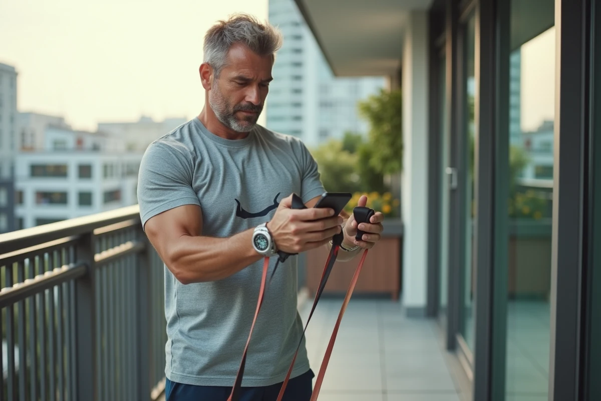 Homme faisant exercice avec bandes de résistance en balcon