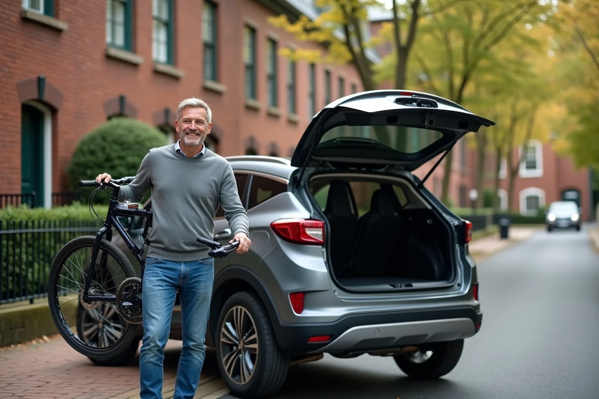 Homme avec vélo près d’un SUV en quartier résidentiel