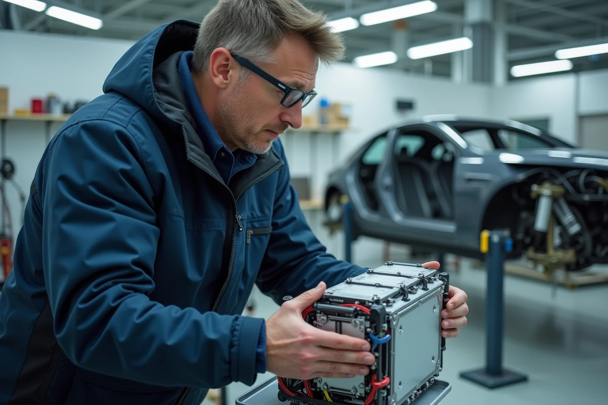 Ingénieur automobile examinant un module de batterie électrique dans un atelier de recherche et développement high-tech, innovation automobile 2024