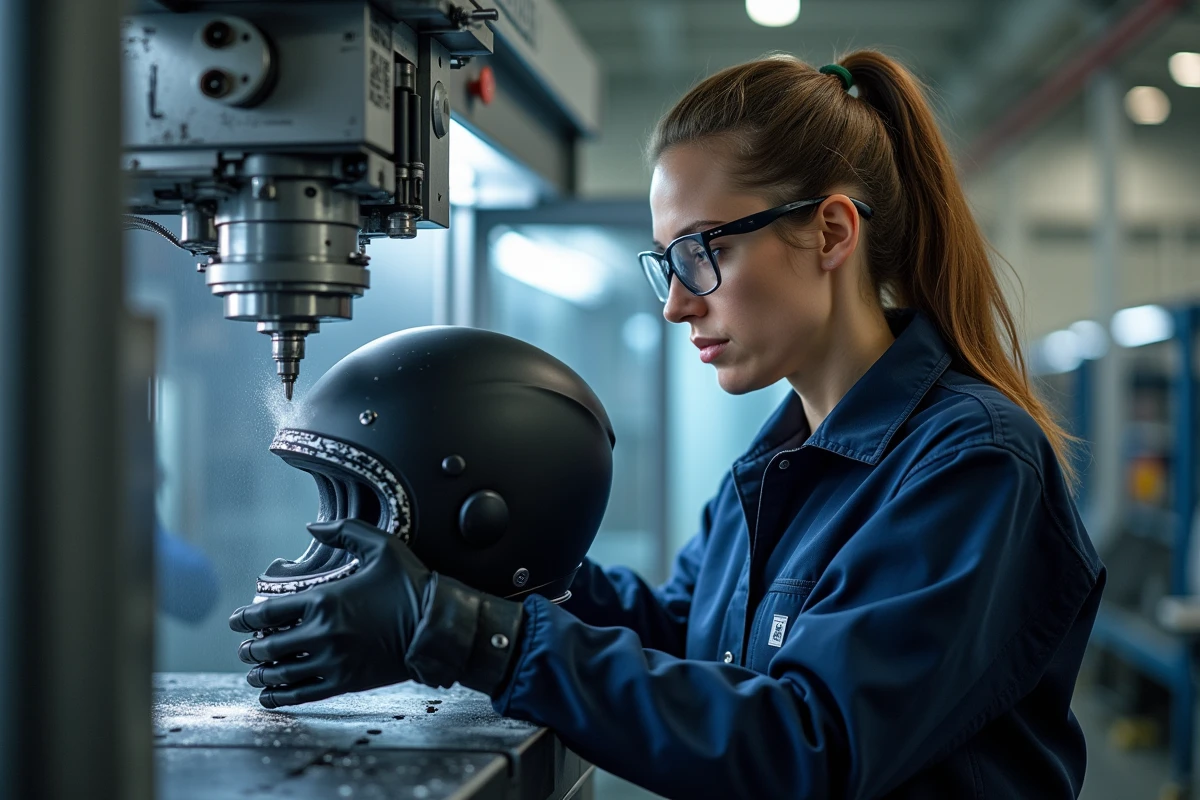 Ingénieure supervisant l'usinage d'une coque de casque moto BMW dans une usine high-tech