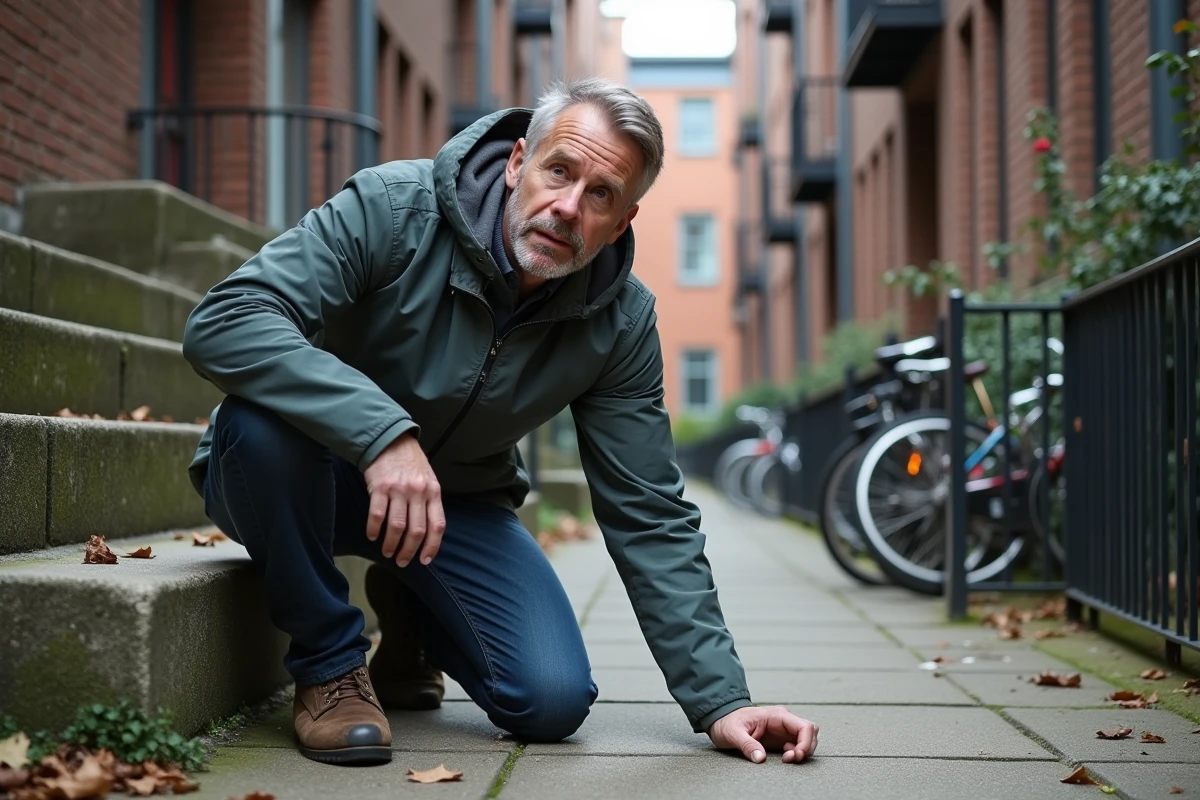 Homme inspectant une marche cassée dans une cour résidentielle
