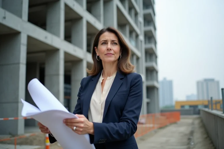 Investisseuse immobilière examinant des plans architecturaux devant un immeuble résidentiel moderne en construction en 2024