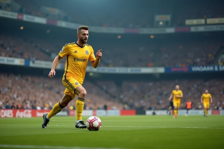 Joueur de football professionnel en action sur le terrain lors d'un match de compétition en stade