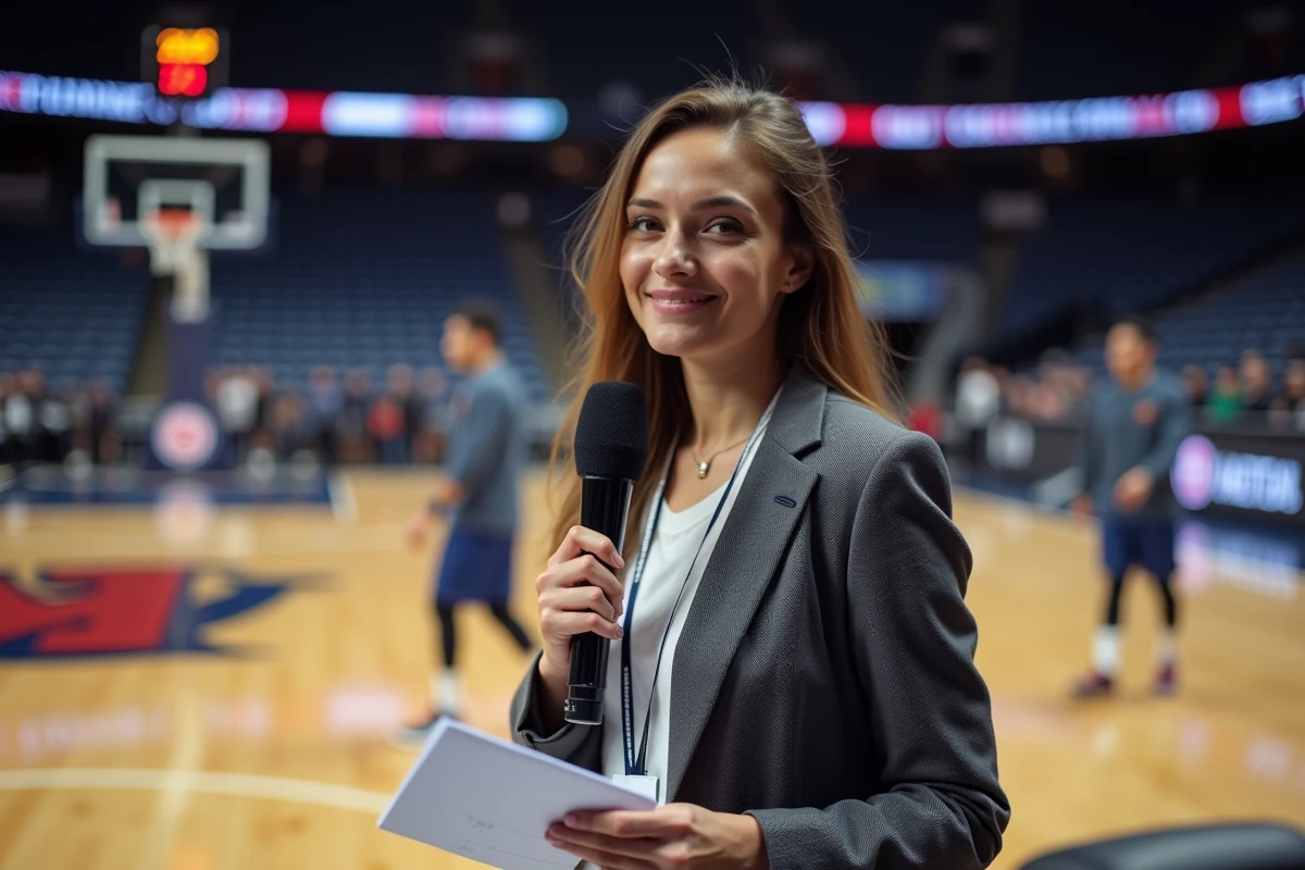 Journaliste sportive professionnelle tenant un micro au bord d'un terrain de basketball en direct