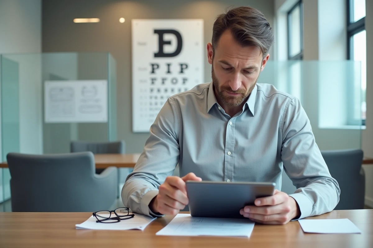 Opticien partenaire Crédit Mutuel consultant une ordonnance sur tablette dans un cabinet d'optique professionnel