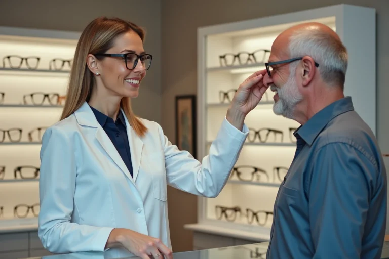 Opticienne conseillant un client sur le choix de lunettes dans une boutique optique moderne partenaire Crédit Mutuel