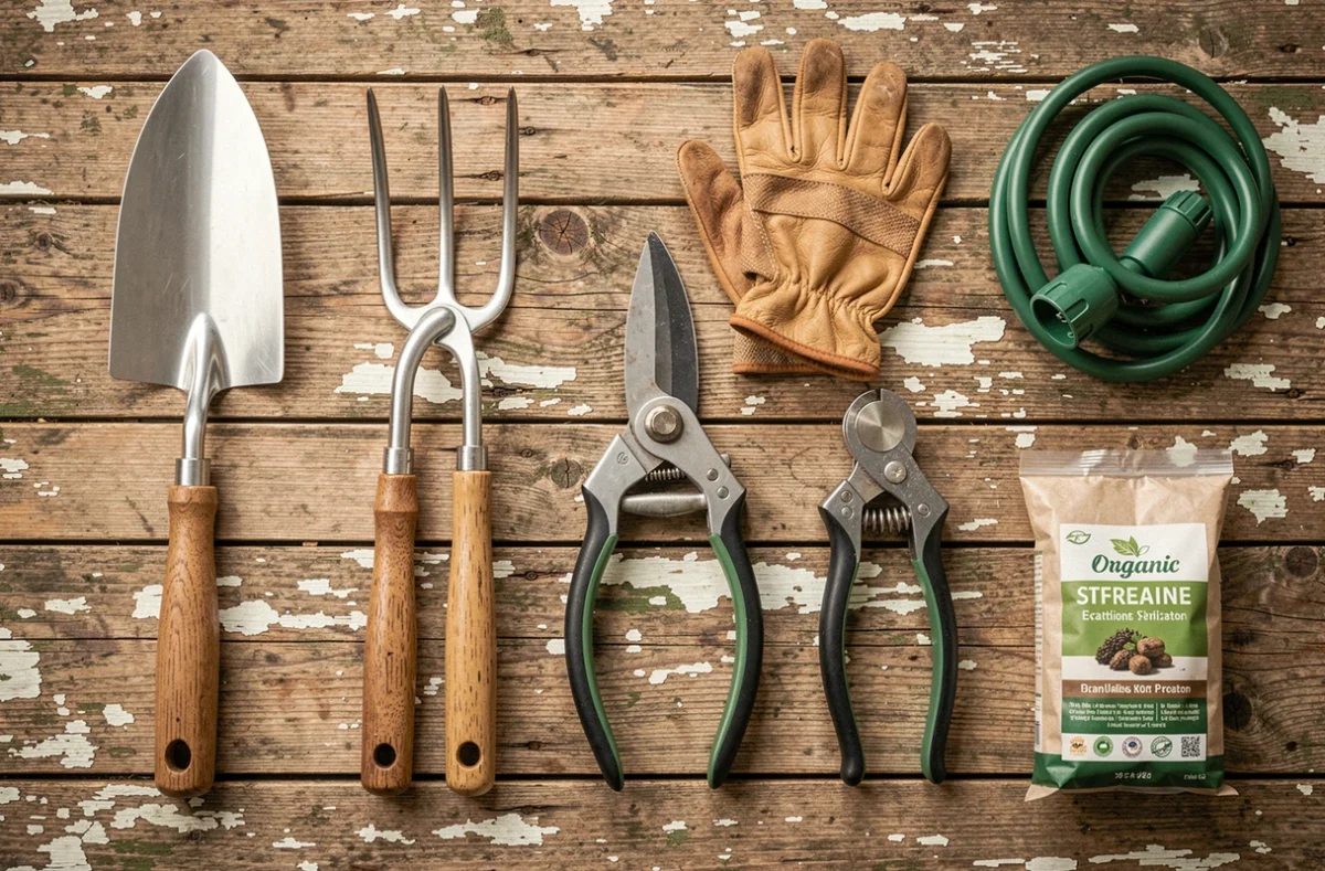 Vue de dessus d'une collection d'outils de jardinage essentiels posés sur des planches de bois vieilli, incluant truelle, sécateur et gants