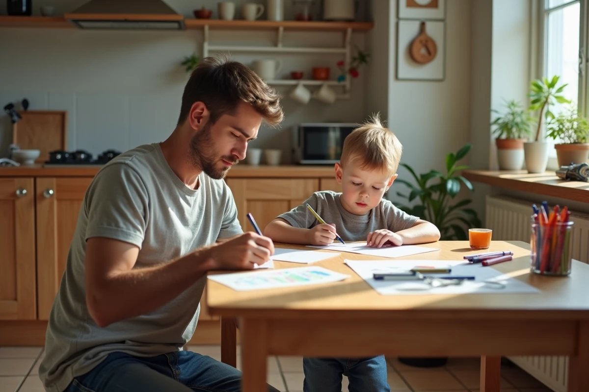 Père et enfant dessinent ensemble à la table de cuisine