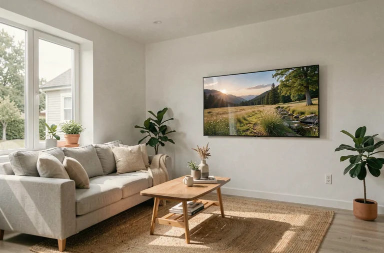 Salon moderne avec télévision murale placée perpendiculairement aux fenêtres pour éviter les reflets de lumière naturelle