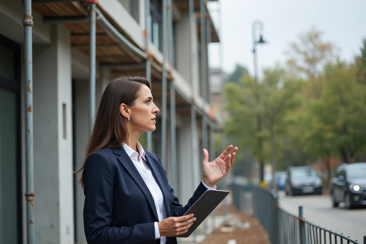 Femme professionnelle de l'immobilier devant un chantier de construction résidentielle en ville, conseil en projet immobilier