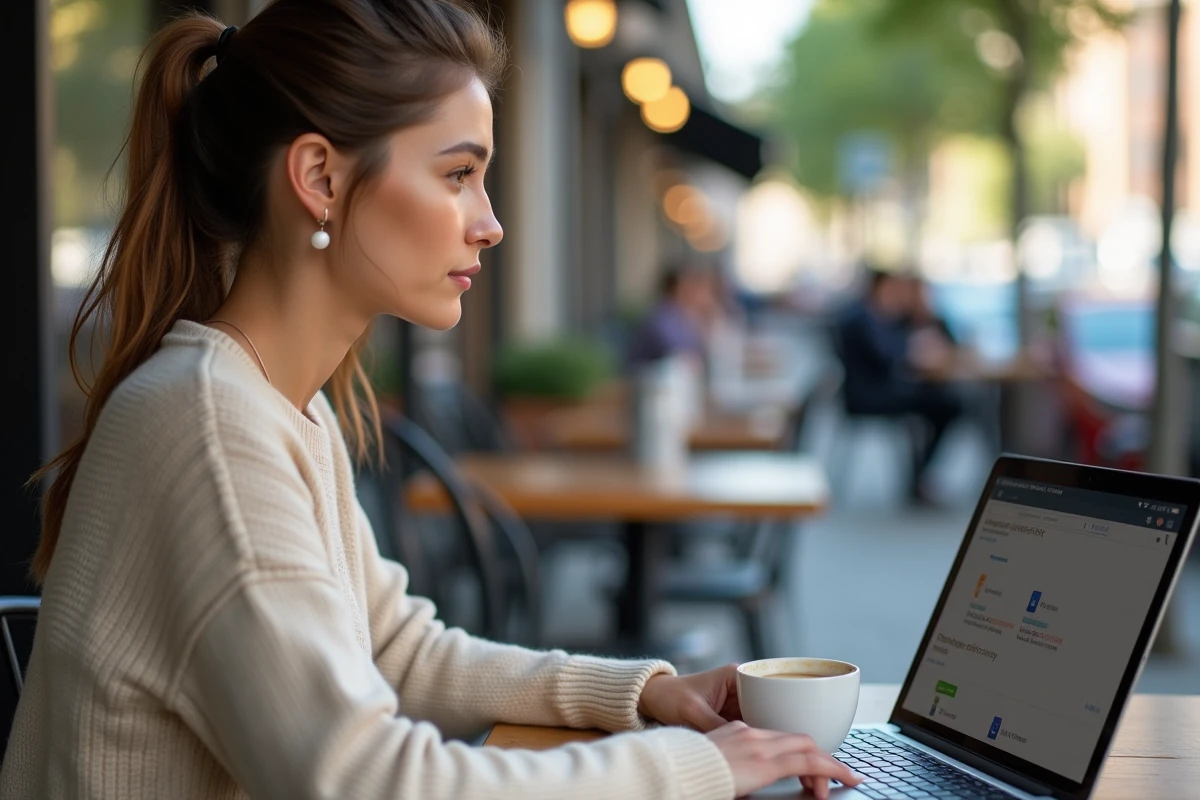 Jeune femme cherchant un numéro de portable sur un annuaire inversé en ligne depuis un café