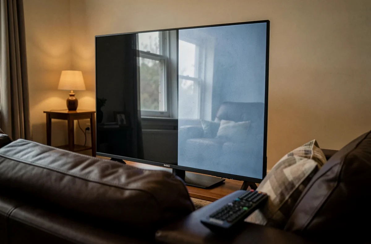 Reflet de fenêtre gênant sur écran de télévision dans un salon familial illustrant le problème de placement incorrect de la TV