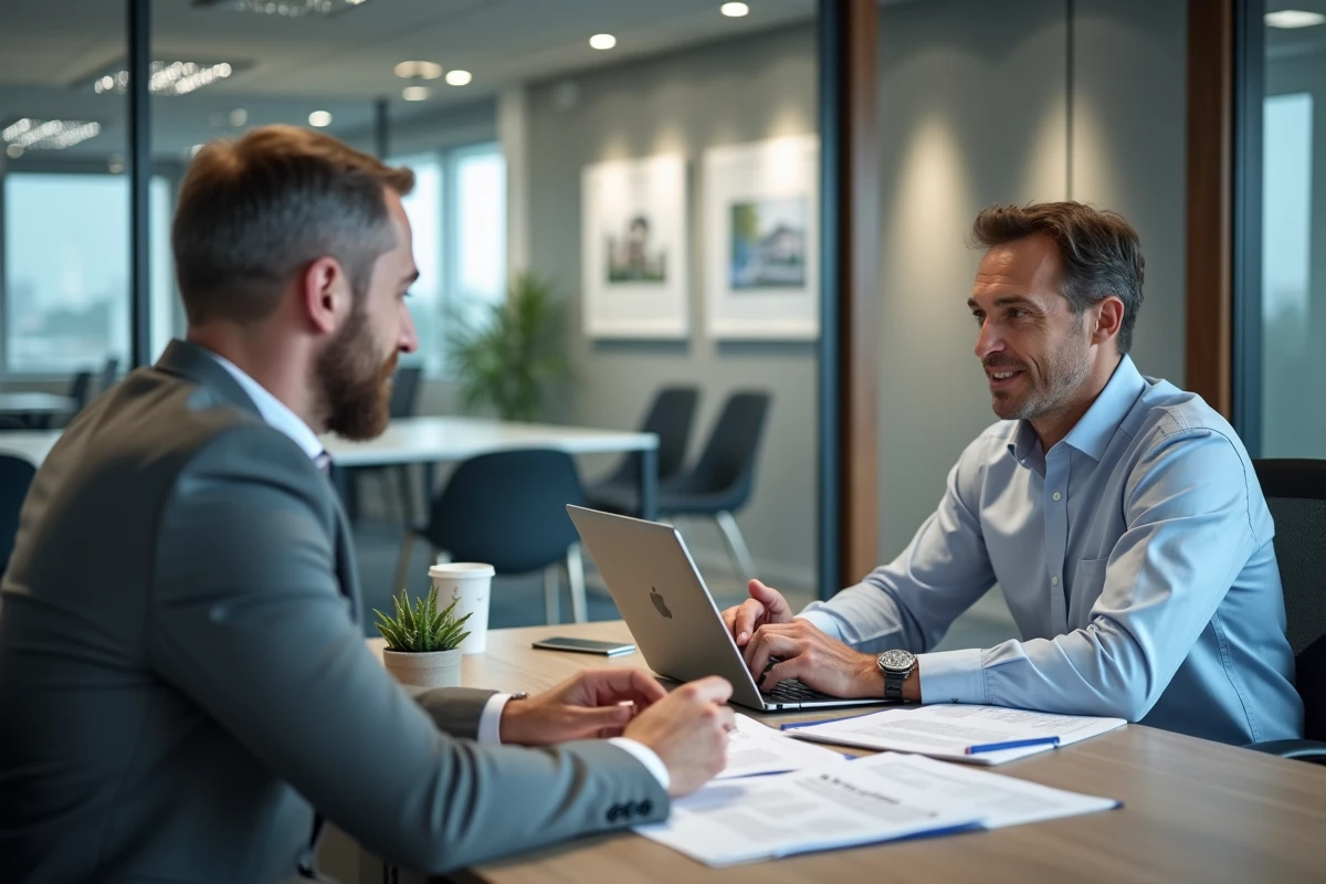 Homme en rendez-vous avec un conseiller immobilier dans une agence moderne, accompagnement projet achat immobilier