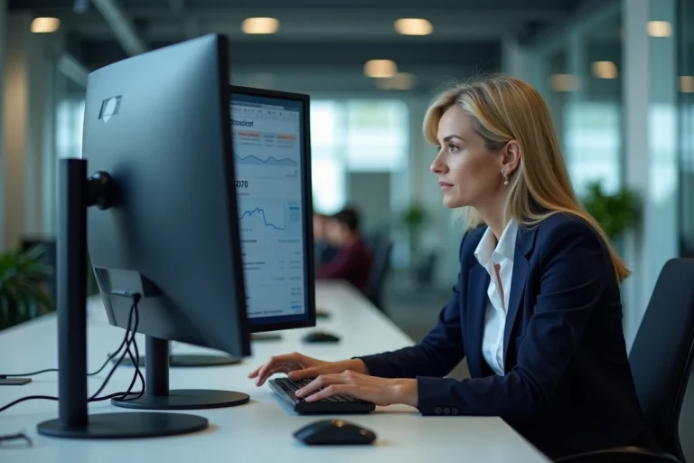 Responsable financière analysant les données du poste client sur un écran dans un bureau d'entreprise moderne