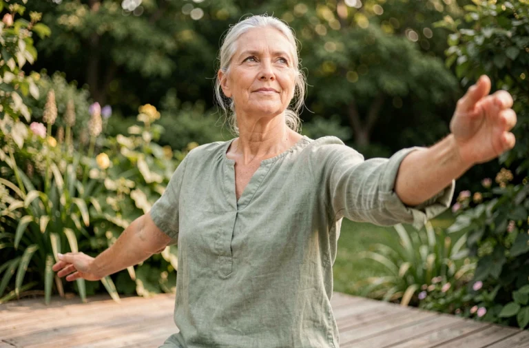 Femme senior pratiquant le yoga en plein air sur une terrasse en bois entourée de verdure