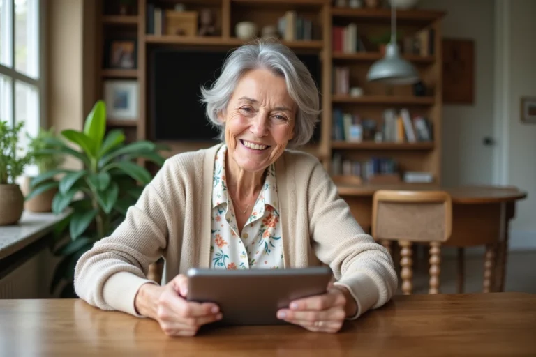 Senioreuse souriante utilisant une tablette dans un salon chaleureux