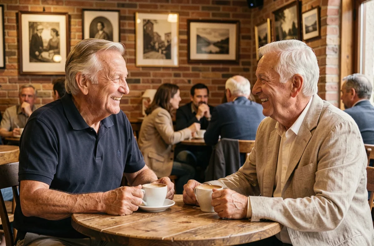 Deux hommes seniors partageant un café et discutant dans un café français chaleureux
