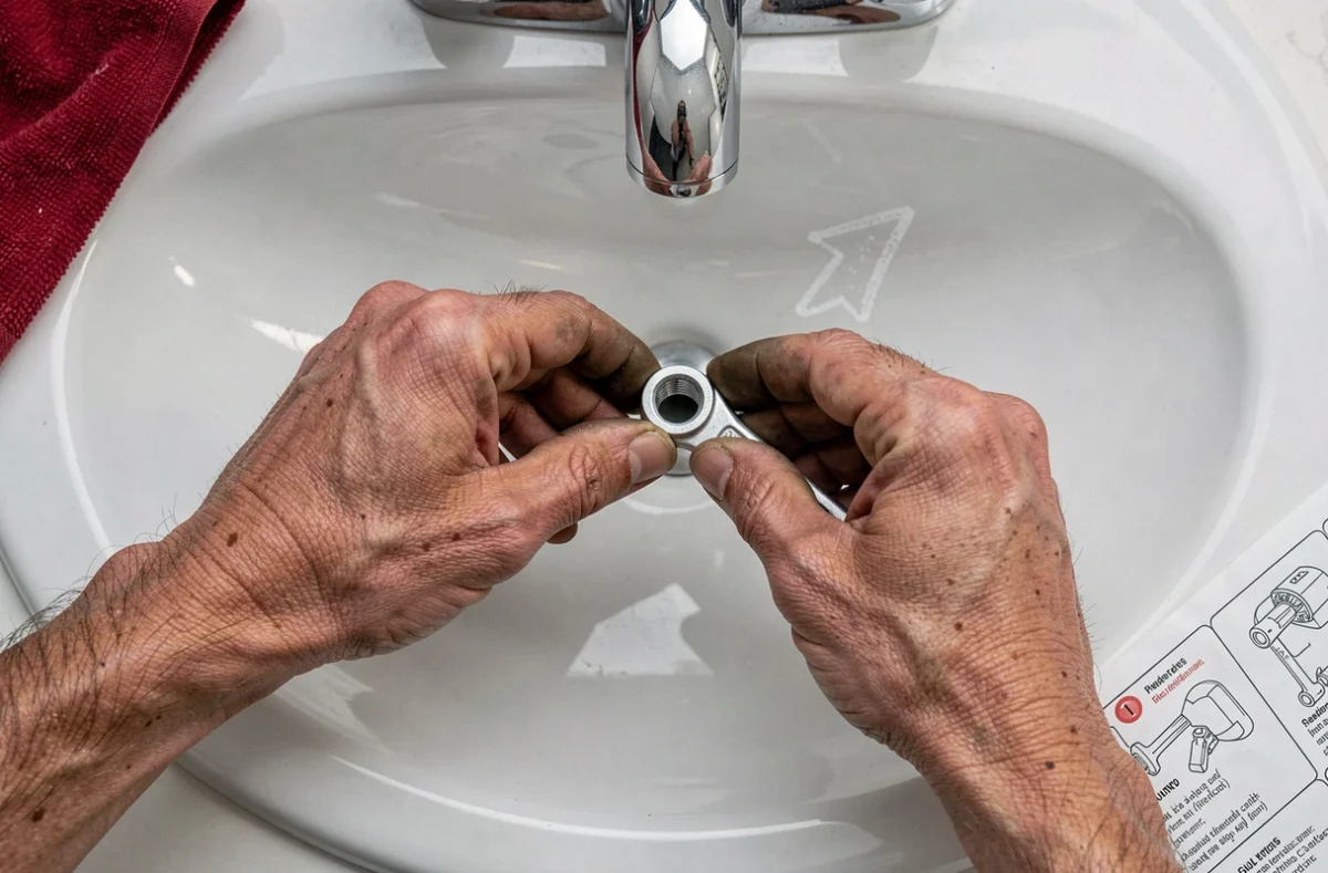 Gros plan de mains utilisant une clé réglable pour dévisser un écrou de robinet dans le sens antihoraire sur un lavabo