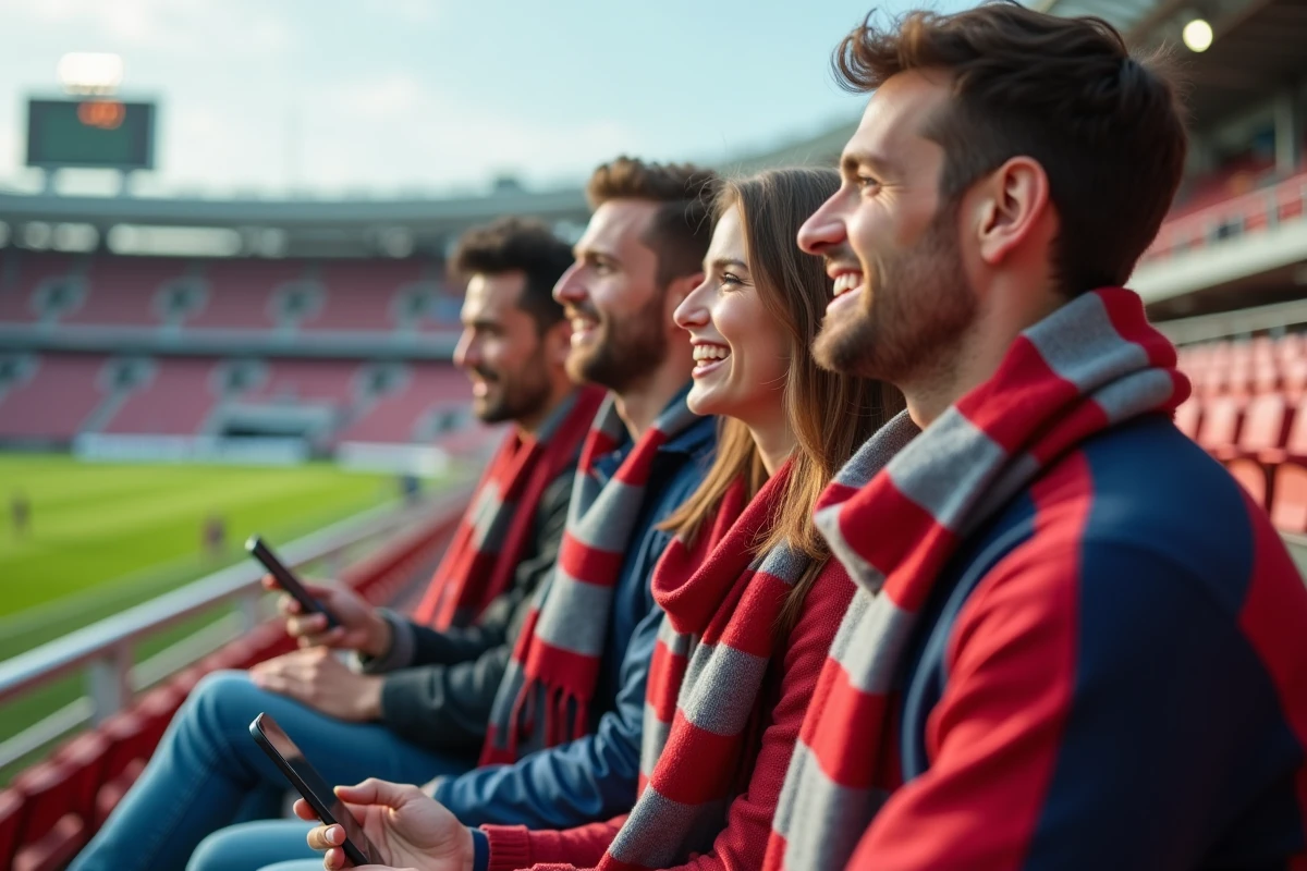 Groupe de supporters enthousiastes dans les tribunes d'un stade lors d'une compétition sportive