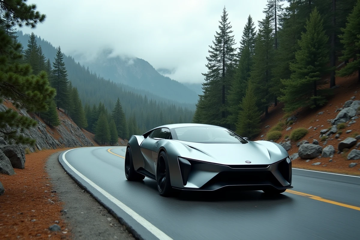 SUV concept mat argent sur une route de montagne sinueuse entourée de forêt de pins, nouvelles tendances du design automobile en 2024