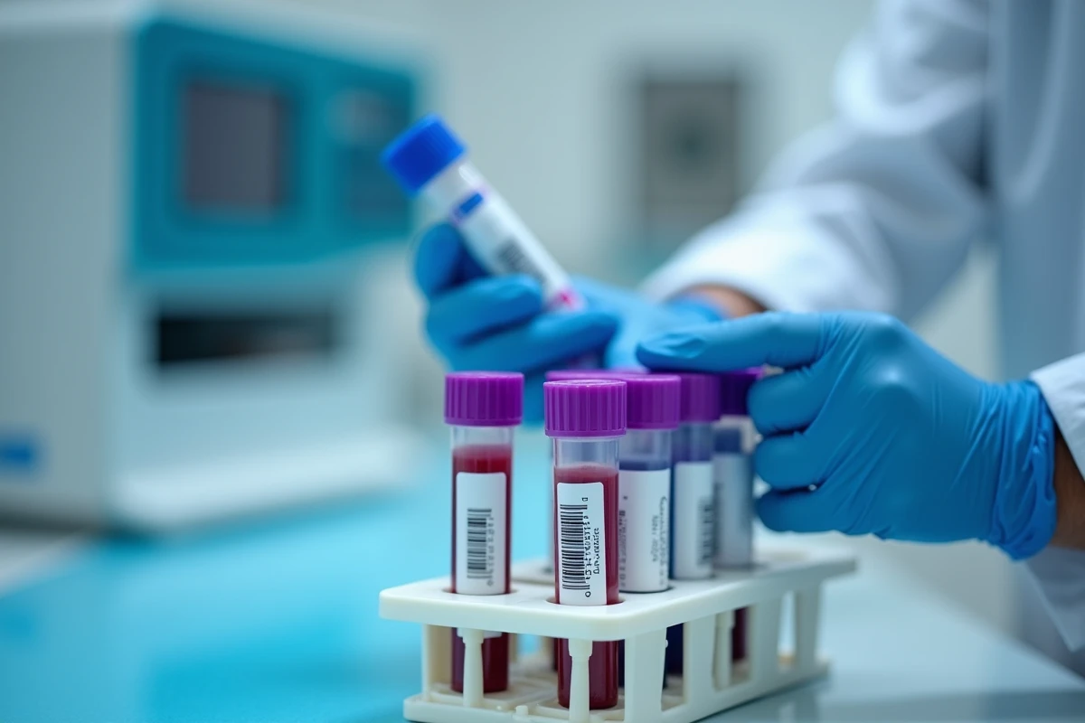 Technicien de laboratoire manipulant des tubes d'analyse sanguine pour le diagnostic d'une granulocytose en milieu hospitalier