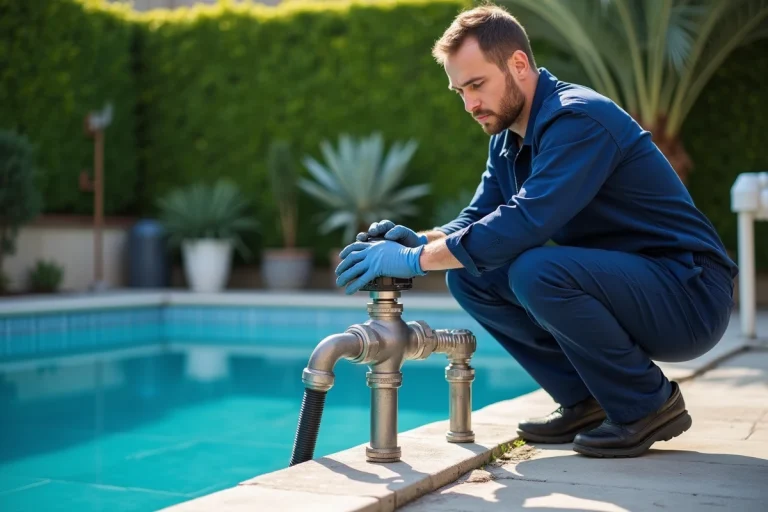 Technicien piscine ajustant une vanne multivoie sur le circuit de prise balai d'une piscine résidentielle