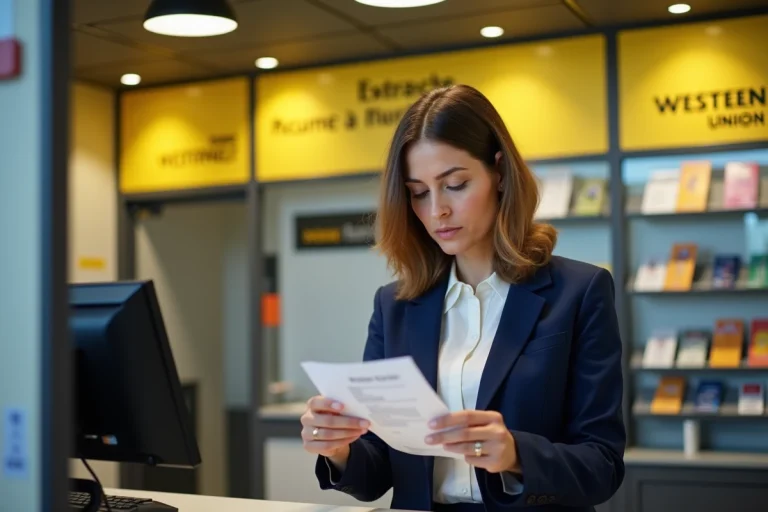 Femme effectuant un transfert d'argent Western Union dans un bureau de poste en France, examinant les frais sur son reçu