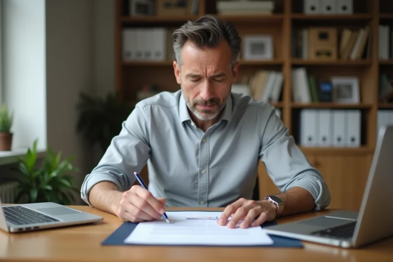Homme vérifiant un certificat de cession de véhicule à son bureau à domicile